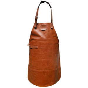 Handgemaakt leren BBQ schort in de kleur cognac.