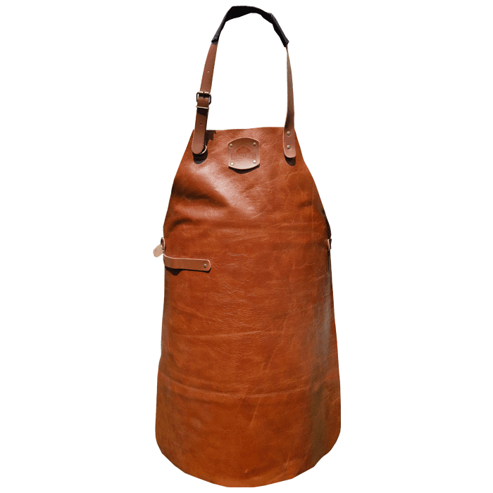 Handgemaakt leren BBQ schort in de kleur cognac.