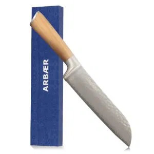 Santoku Koksmes 18,5 cm - Damascus Staal - Olijfhouten handvat - Japans